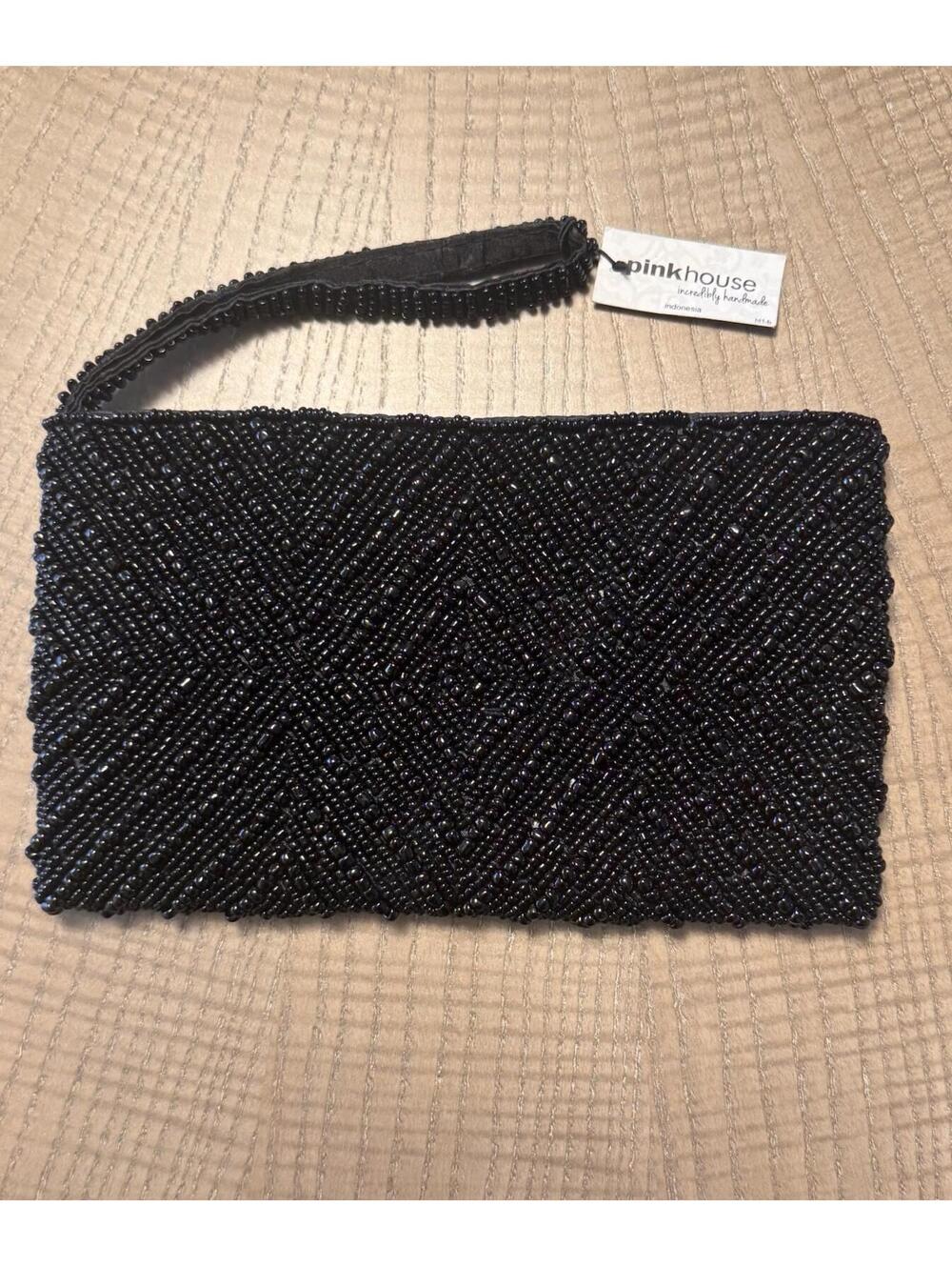 Boho Small Black Beaded Clutch Wristlet Black By Pink House NWT